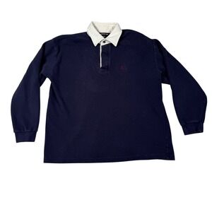 Vintage Korean Air Mens XXL Rugby Shirt Navy Blue White Omar Sharif Long Sleeve